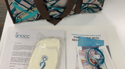 Recurrent ovarian cancer tote with booklet and comfort items