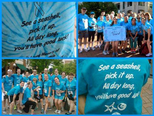 A montage of Shelly's Seashells team at an ovarian cancer volunteer event